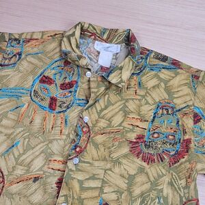 Vintage Tribal Tropical Button Up Shirt Mens M Green Short Sleeve Loop Collar